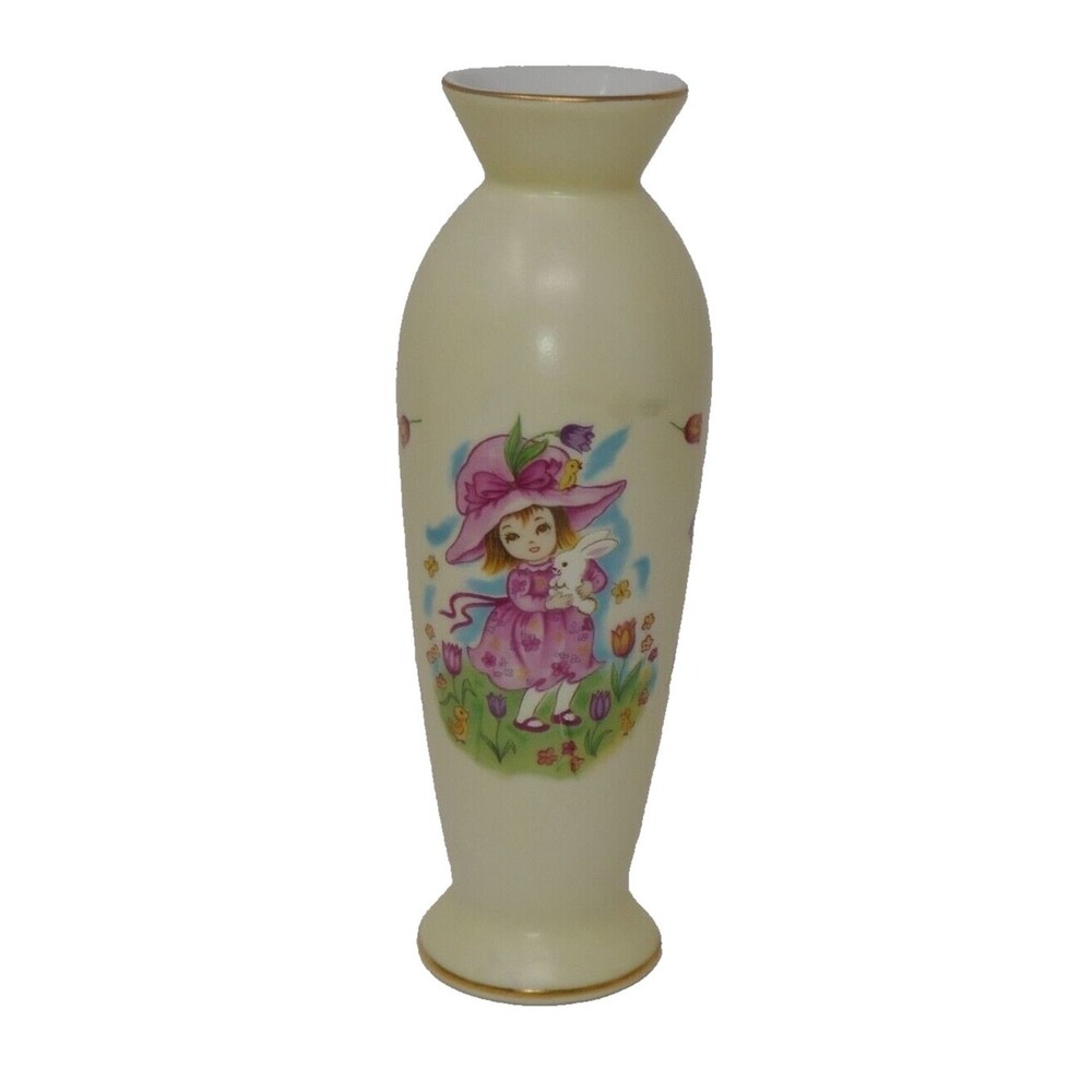 Lefton Porcelain Bud Vase Girl with Bunny Vintage Japan